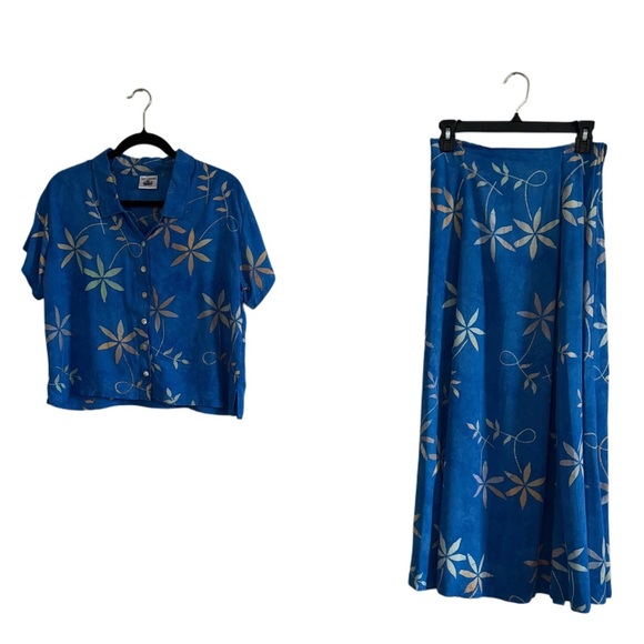 Very Vineyard Vintage Funky Coastal Art Blue Floral Shirt & Maxi Skirt Cord Set - Picture 1 of 13